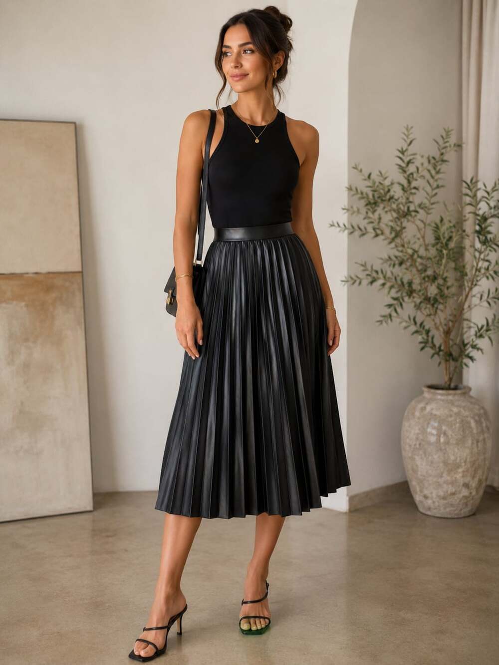 Sincerely Jules Black Faux Leather Pleated Midi Skirt Size S